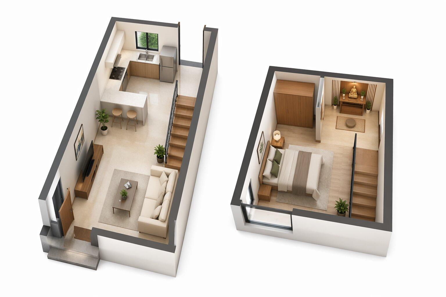 Bản vẽ nhà gác lửng có phòng thờ phù hợp gia đình truyền thống