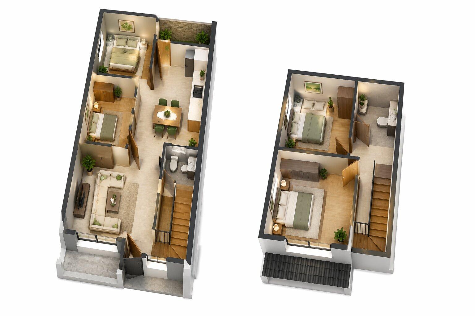 Mặt bằng bố trí 4 phòng ngủ trong nhà cấp 4 gác lửng 5x20