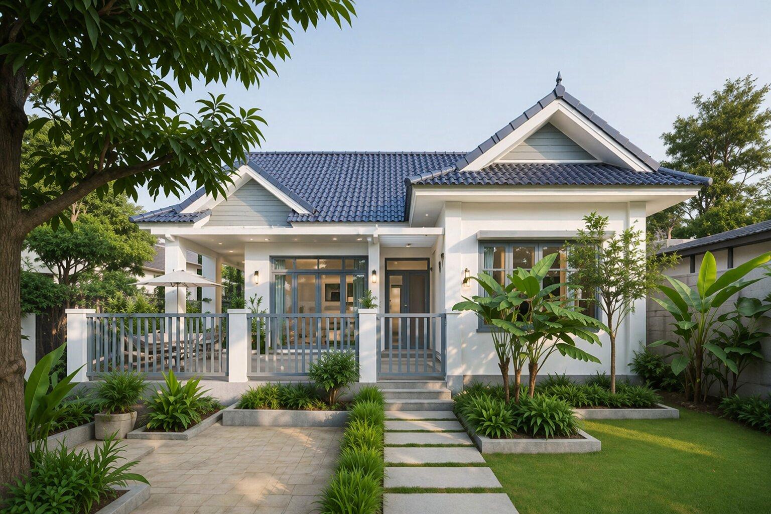 Mẫu nhà cấp 4 gác lửng 5x20 có sân trước rộng, kết hợp tiểu cảnh xanh mát