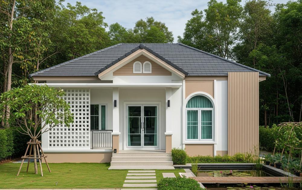 Mặt tiền nhà cấp 4 gác lửng mái Thái đẹp, hài hòa với cảnh quan