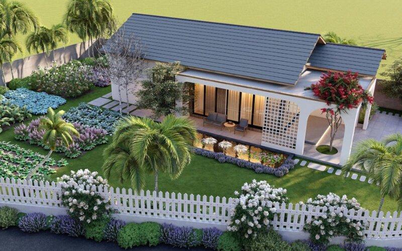 Mẫu nhà villa cấp 4 sử dụng cửa kính lớn kết nối hài hòa với sân vườn (Nguồn: Internet)