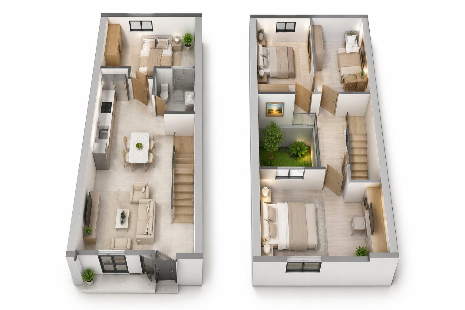 Giếng trời giữa nhà kết hợp tiểu cảnh tạo không gian thông thoáng