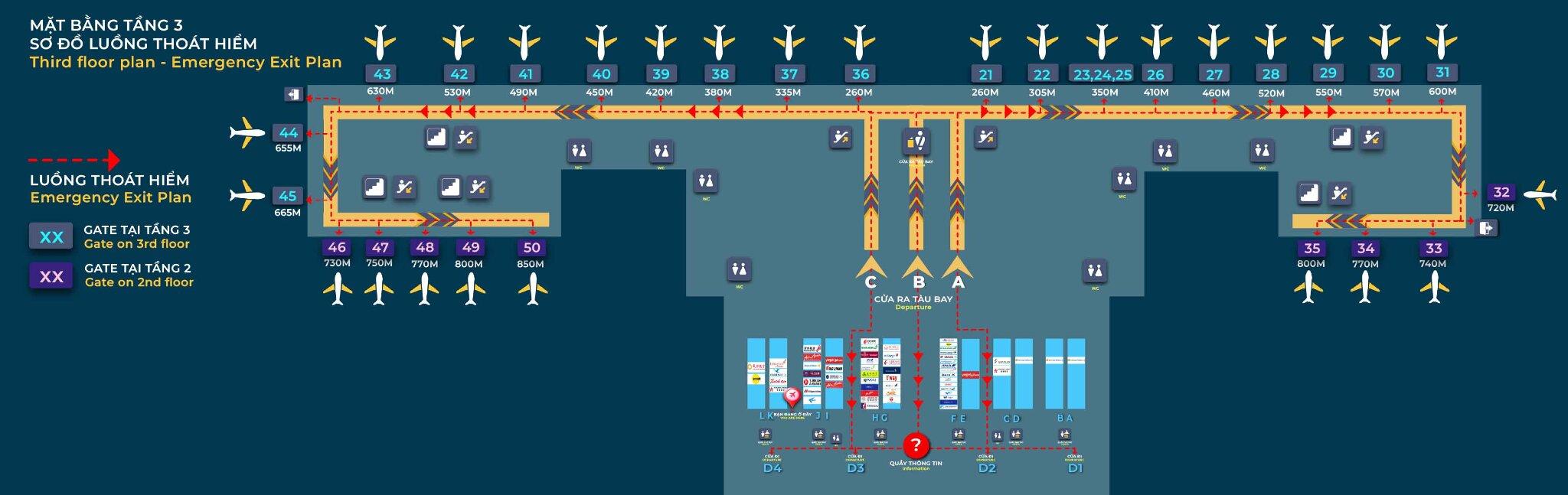 Sơ đồ mặt bằng tầng 3 nhà ga T1 sân bay Nội Bài (Nguồn: Internet)