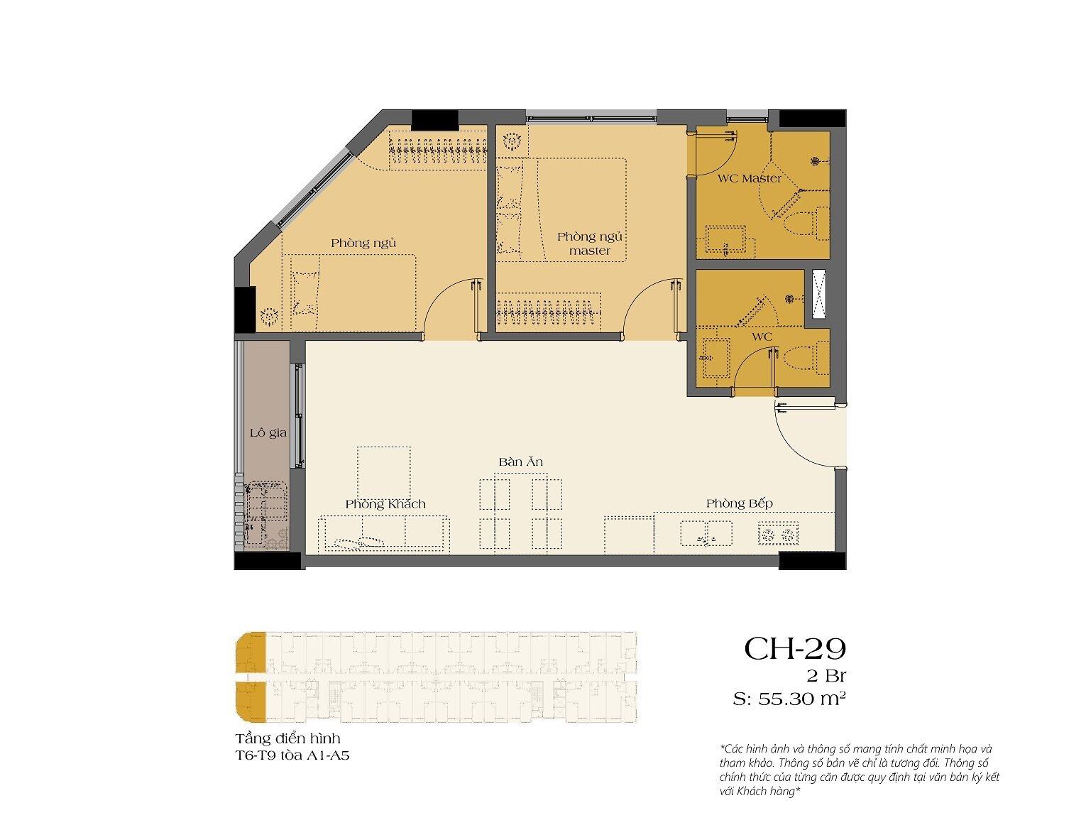 Bản vẽ thiết kế căn hộ 55.30m2 của dự án (Nguồn: Internet)