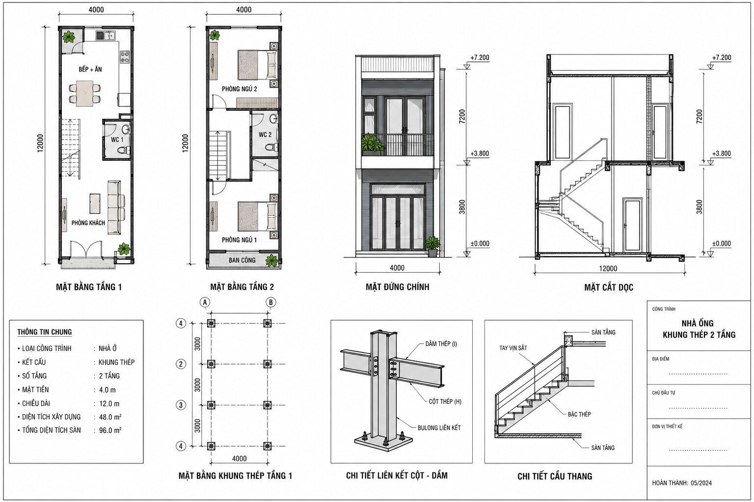 Bản vẽ chi tiết kết cấu và mặt bằng nhà ống khung thép 2 tầng mặt tiền 4m
