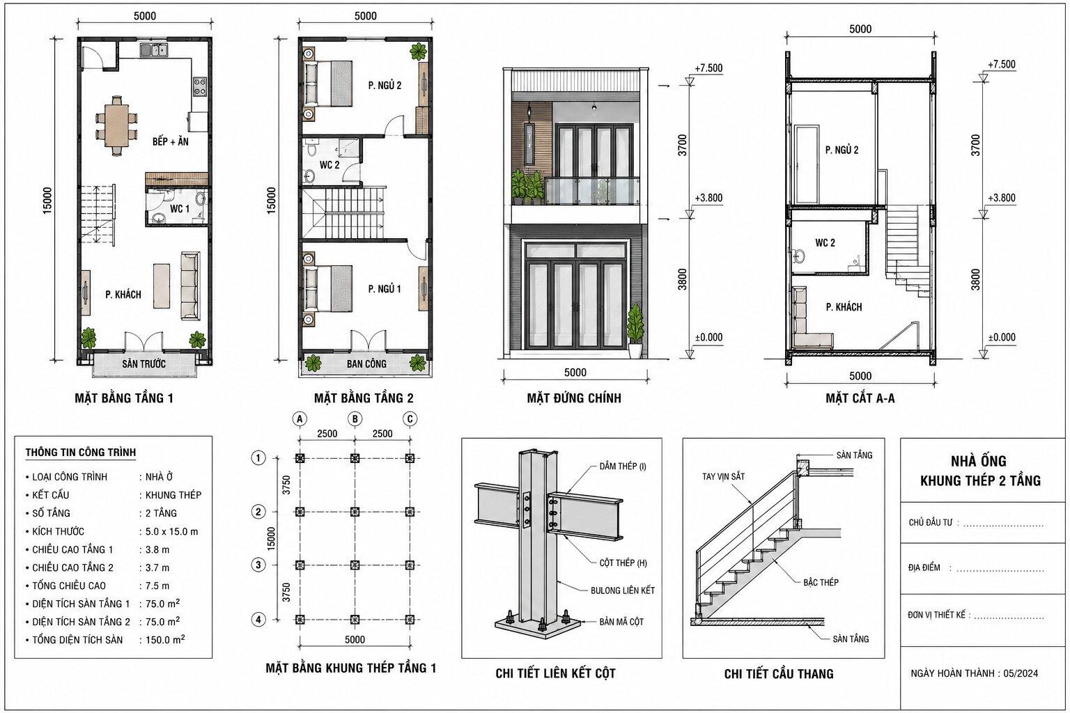 Bản vẽ công năng nhà phố khung thép 2 tầng diện tích 5x15m