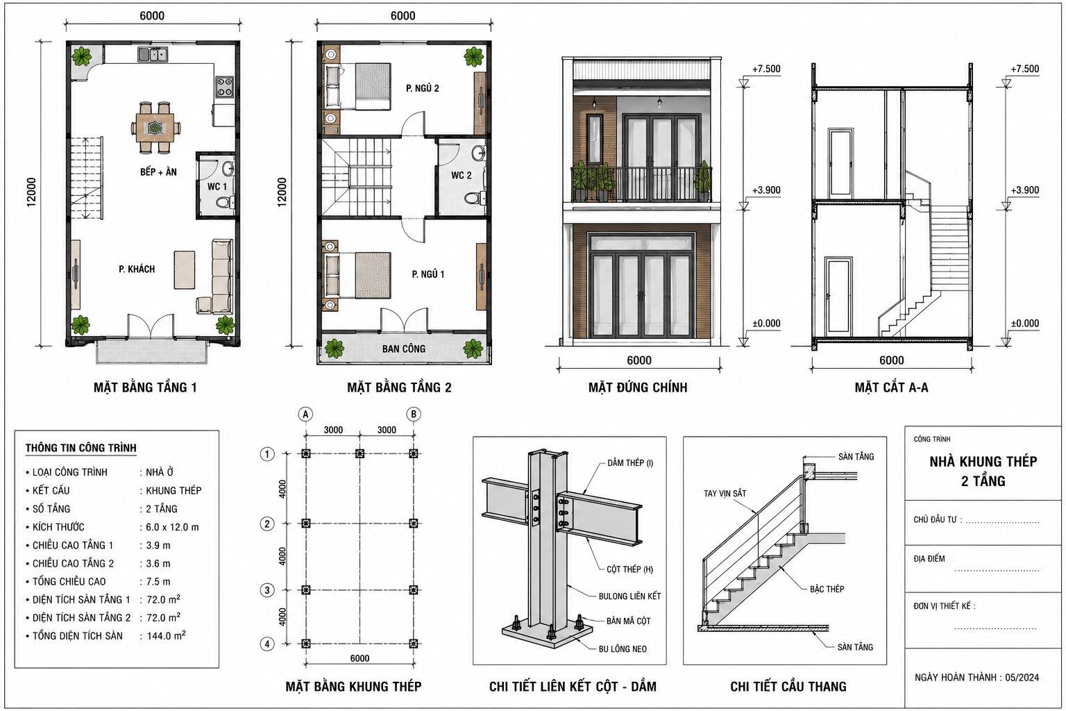 Bản vẽ thiết kế kiến trúc và kết cấu nhà khung thép 2 tầng 6x12m