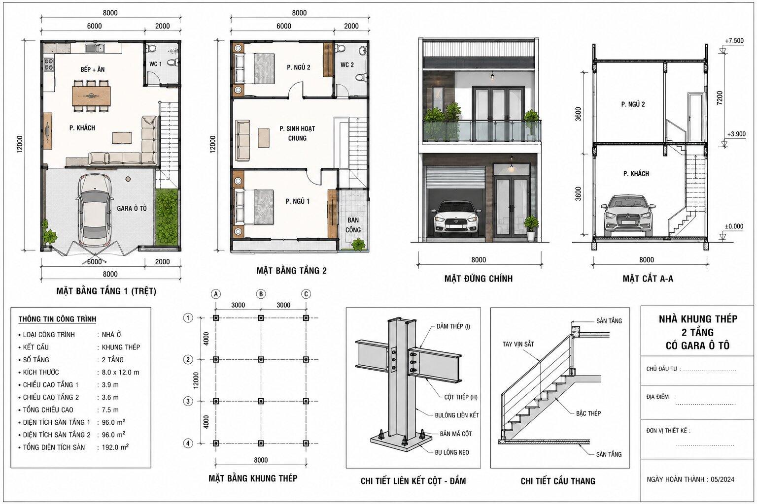 Bản vẽ mặt bằng bố trí gara ô tô tiện lợi cho nhà khung thép 2 tầng