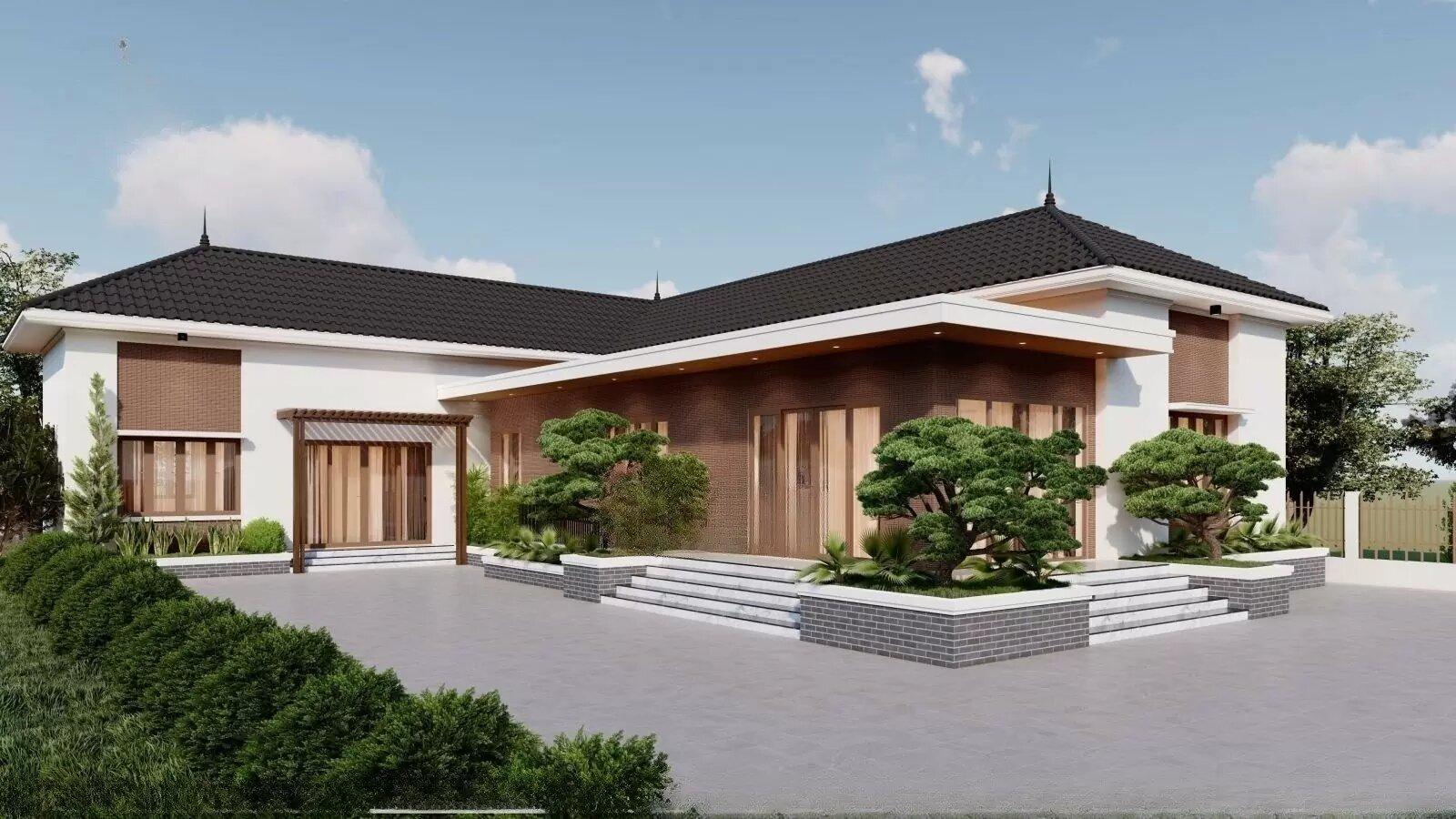 Thiết kế nhà cấp 4 mái Thái chữ L 2 phòng ngủ kết hợp cảnh quan sân vườn thoáng đãng, gần gũi thiên nhiên (Nguồn: Internet)