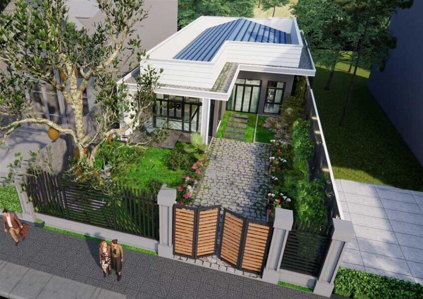 Mẫu nhà cấp 4 chữ L 2 phòng ngủ hiện đại với thiết kế sân trước rộng rãi, nhiều cây xanh (Nguồn: Internet)