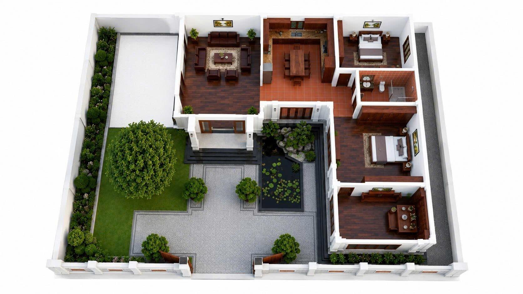 Bố trí mặt bằng 3D nhà cấp 4 chữ L 2 phòng ngủ kết hợp phòng thờ trang nghiêm, tối ưu diện tích sử dụng