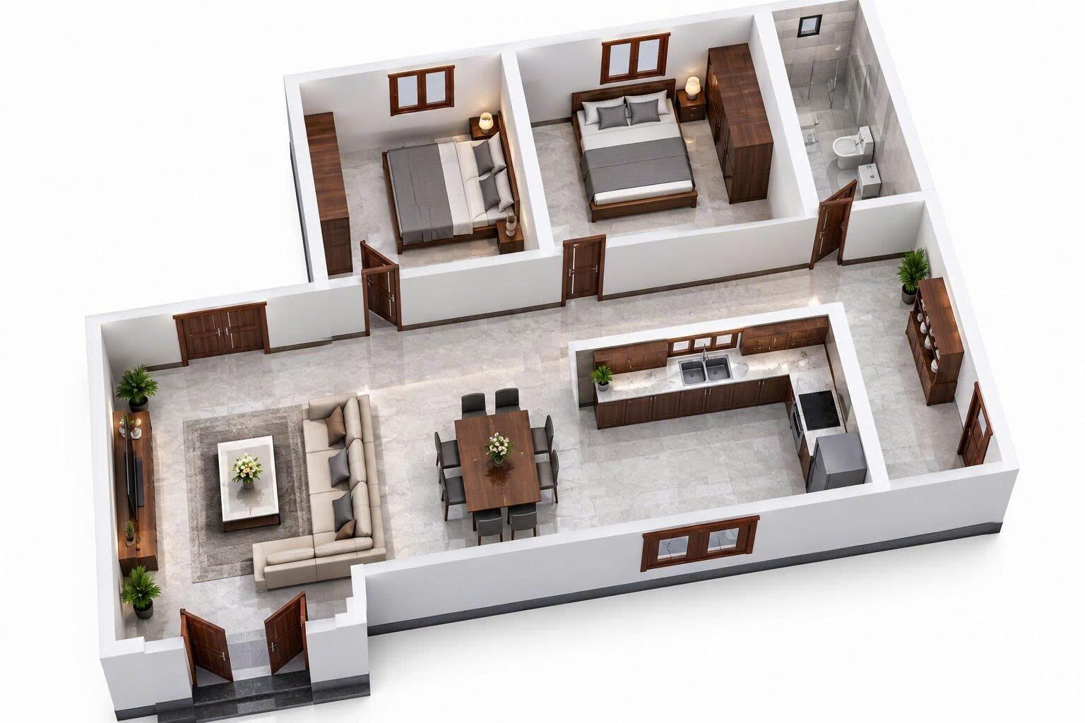 Bản vẽ mặt bằng 3D nhà cấp 4 chữ L 2 phòng ngủ với thiết kế phòng khách liền bếp tối ưu công năng