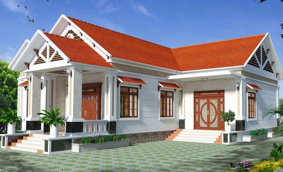 Mẫu nhà cấp 4 chữ L 2 phòng ngủ tại nông thôn với thiết kế mái ngói đỏ truyền thống và sân vườn thoáng đãng (Nguồn: Internet)