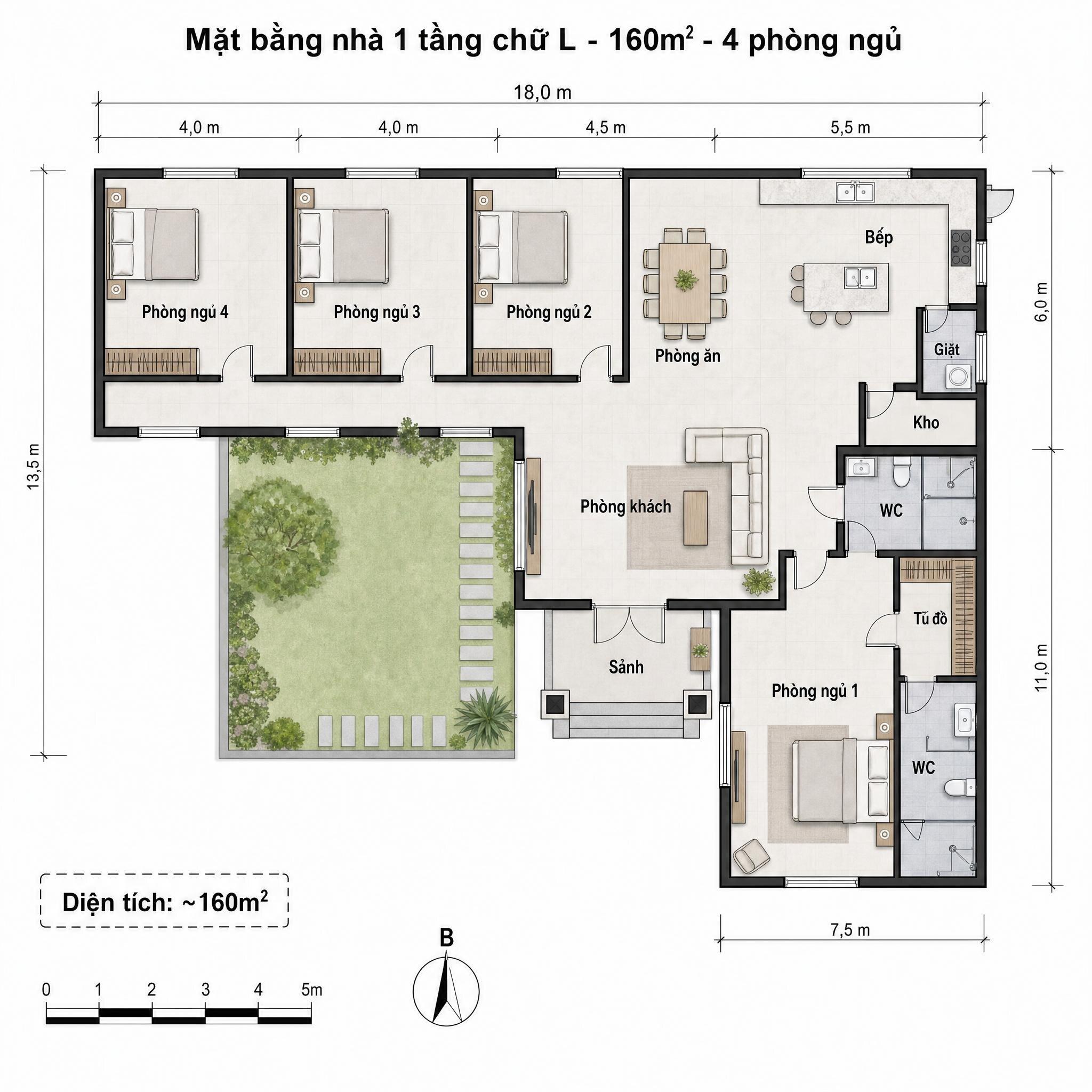 Hành lang rộng rãi chạy dọc giữa các phòng ngủ giúp tăng cường sự biệt lập cho không gian nghỉ ngơi