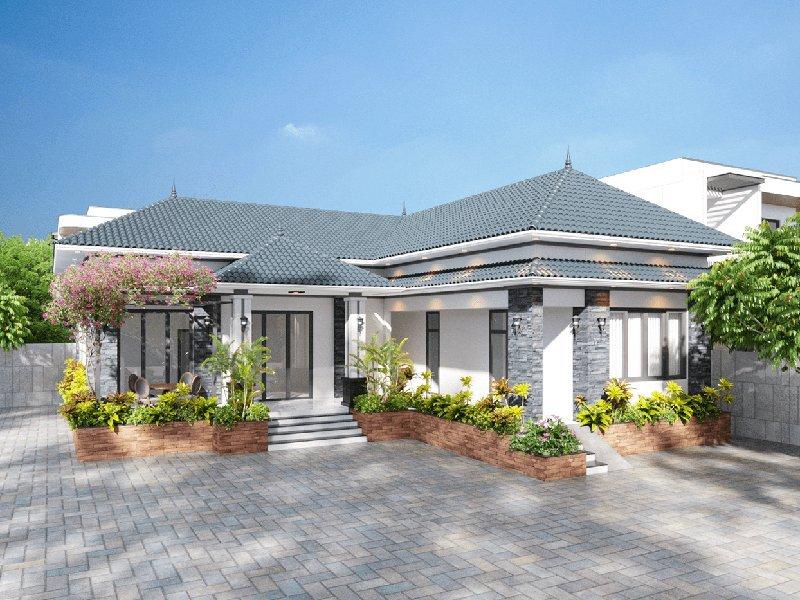 Mẫu nhà cấp 4 chữ L 2 phòng ngủ mái Nhật sang trọng kết hợp cảnh quan sân vườn xanh mát (Nguồn: Internet)