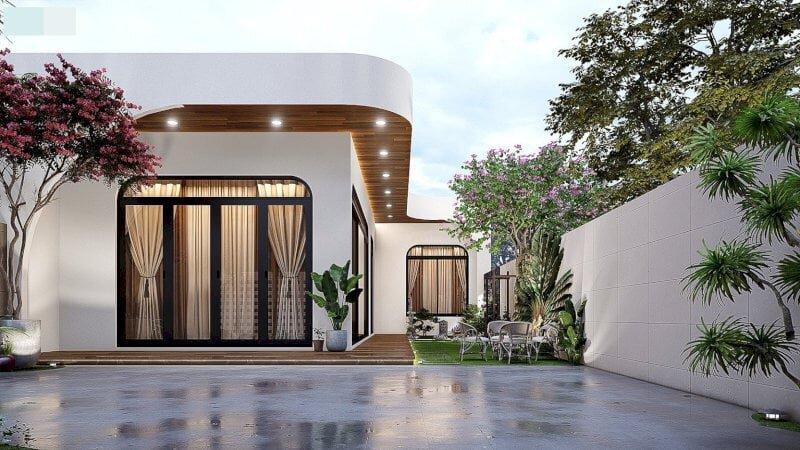 Kiến trúc nhà cấp 4 chữ L mái bằng tối giản, kết hợp vật liệu đá tự nhiên tạo điểm nhấn độc đáo (Nguồn: Internet)