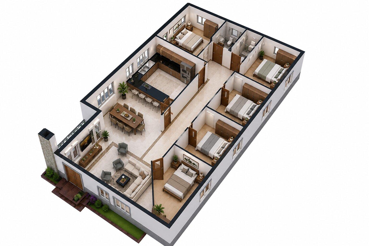 Bản vẽ mặt bằng 3D nhà cấp 4 100m2 với thiết kế 5 phòng ngủ khoa học