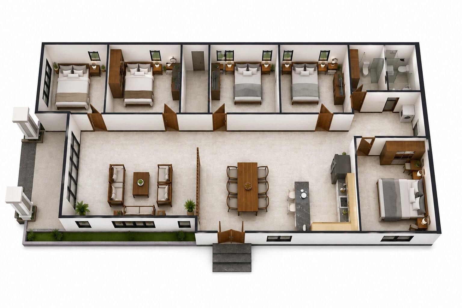Bản vẽ mặt bằng 3D nhà cấp 4 120m2 với thiết kế tối ưu không gian