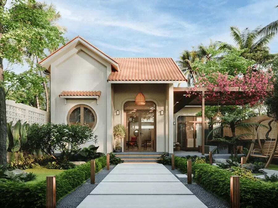 Phối cảnh nhà cấp 4 mái Nhật 5 phòng ngủ với lối đi lát đá dẫn qua khu vườn được chăm chút tỉ mỉ (Nguồn: Internet)
