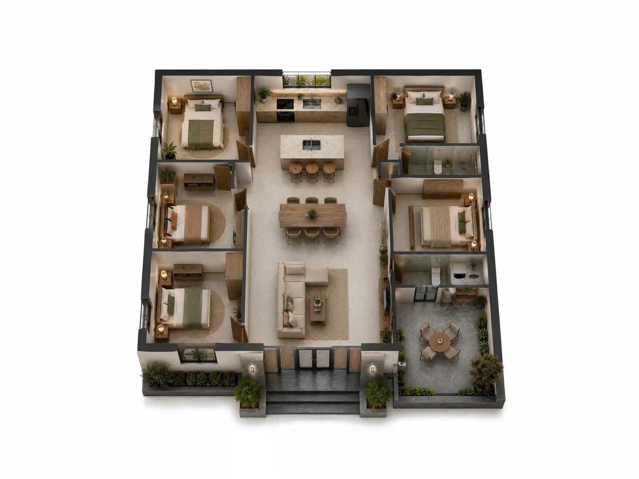 Bản vẽ mặt bằng 3D nhà cấp 4 150m2 với thiết kế 5 phòng ngủ rộng rãi, thoáng mát