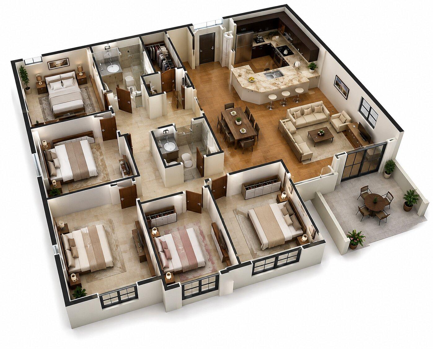 Bản vẽ mặt bằng 3D nhà cấp 4 5 phòng ngủ diện tích 200m2 bố trí không gian sinh hoạt chung và riêng hợp lý