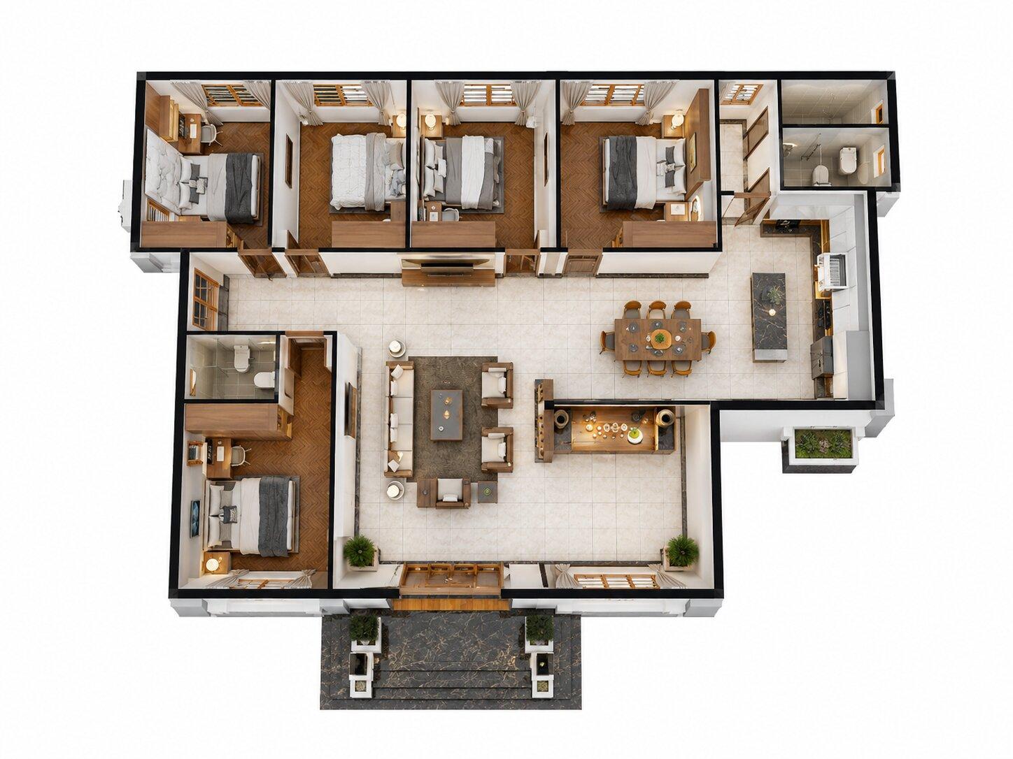 Bản vẽ mặt bằng nhà cấp 4 170m2 với 5 phòng ngủ được bố trí khoa học, đảm bảo sự riêng tư và tiện nghi