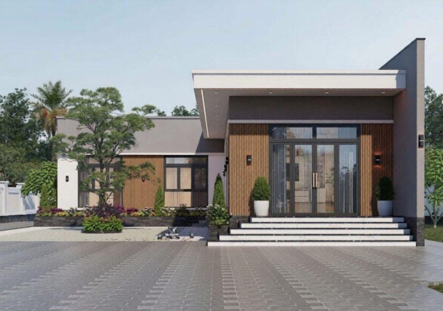 Mẫu nhà cấp 4 chữ L 5 phòng ngủ thiết kế hiện đại với hệ cửa kính lớn giúp không gian luôn thông thoáng (Nguồn: Internet)