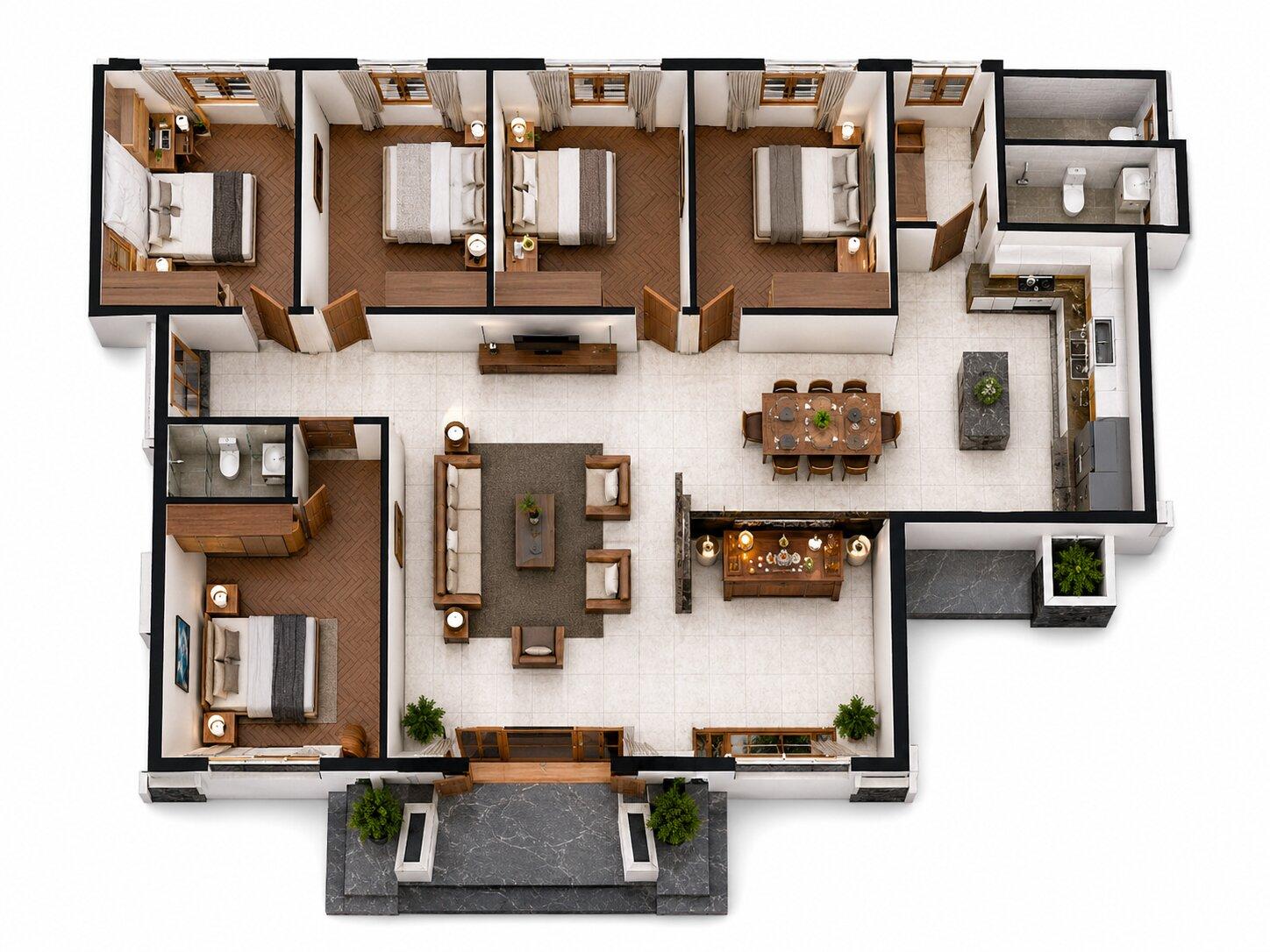 Bố trí mặt bằng nhà cấp 4 chiều ngang 8-10m với 5 phòng ngủ được sắp xếp khoa học, tối ưu không gian sử dụng