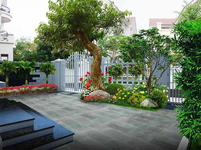 Sân vườn nhà cấp 4 rộng rãi lát đá kết hợp tiểu cây xanh mát mắt (Nguồn: Internet)