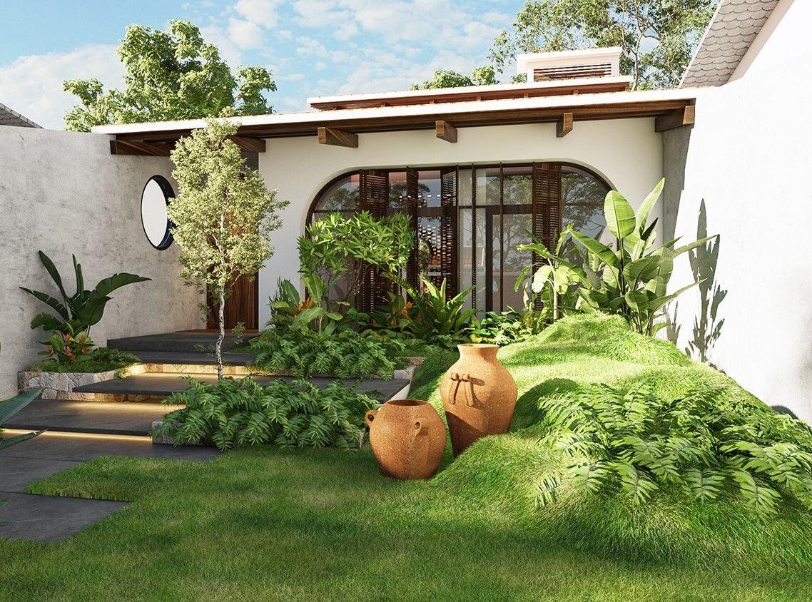 Góc sân vườn trước nhà cấp 4 bố trí thảm cỏ uốn lượn và chậu gốm trang trí (Nguồn: Internet)