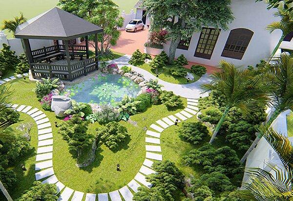 Sân vườn nhà cấp 4 thiết kế chòi nghỉ đặt cạnh hồ nước nhỏ và thảm cỏ (Nguồn: Internet)