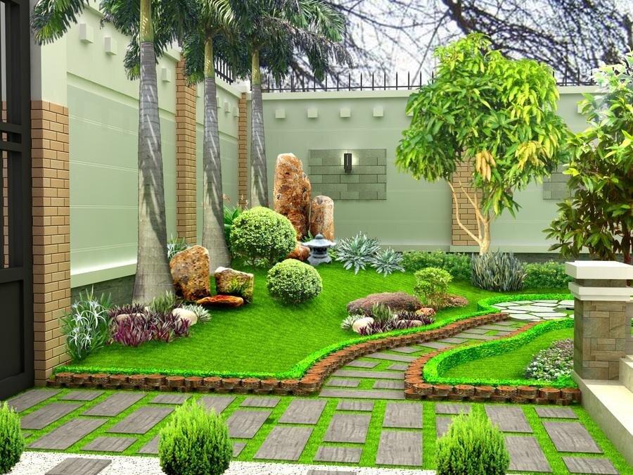 Phối cảnh sân vườn tối giản nhà cấp 4 bố trí thảm cỏ xanh mướt và lối đi uốn lượn (Nguồn: Internet)