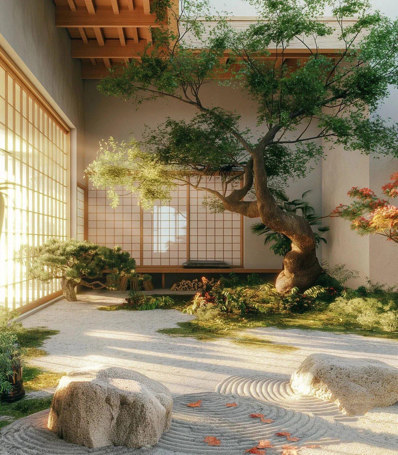 Tiểu cảnh sân vườn phong cách Nhật Bản với cây bonsai và rải sỏi trắng (Nguồn: Internet)