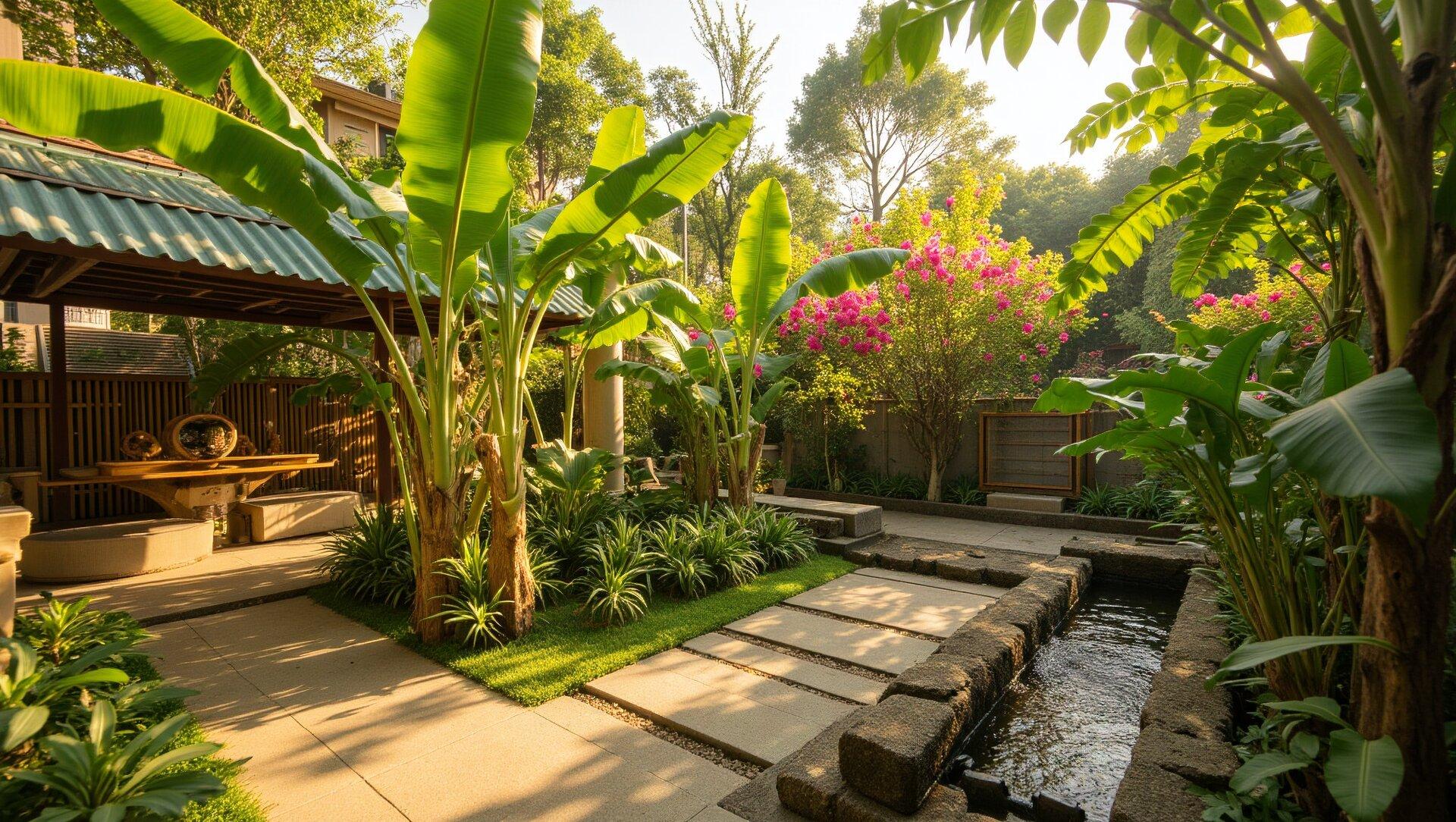 Khu vườn nhiệt đới xanh mát với chuối cảnh, tán lá và lối đi cạnh tiểu cảnh nước (Nguồn: Internet)