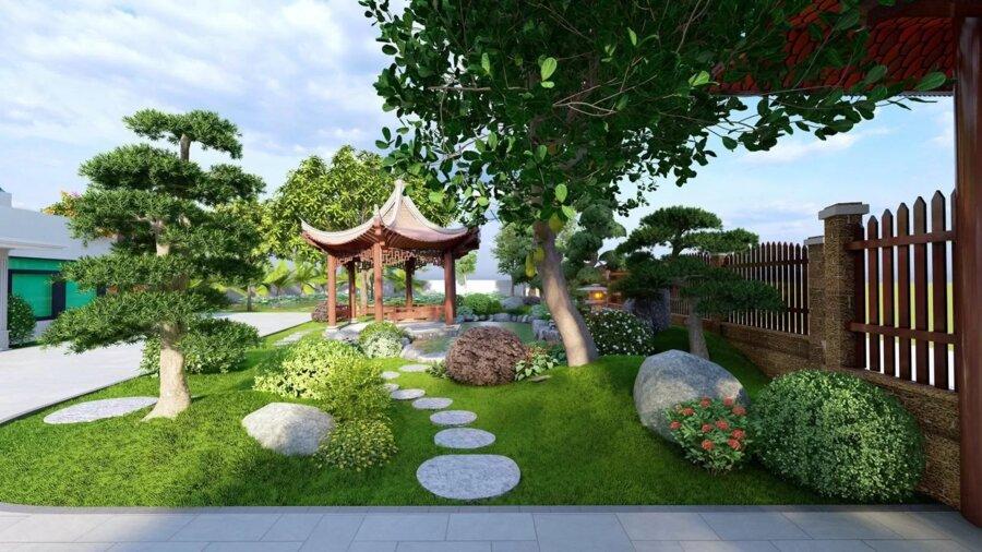 Mẫu khuôn viên sân vườn đẹp có tiểu cảnh (Nguồn: Internet)