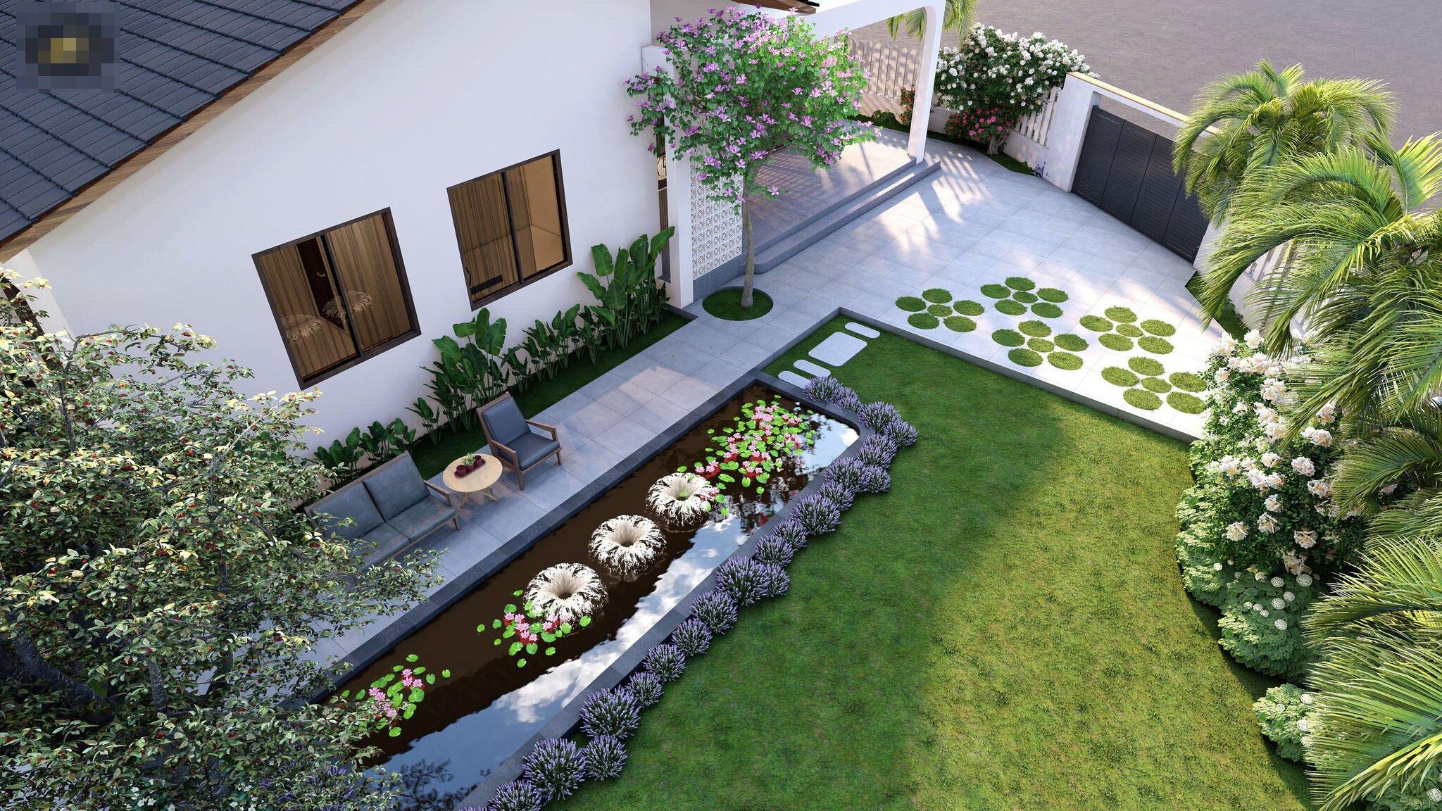 Khu vực sân vườn nhà cấp 4 phân chia giữa thảm cỏ, hồ nước nhỏ và góc nghỉ ngơi (Nguồn: Internet)