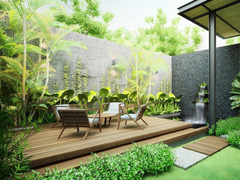 Góc sân vườn nhà cấp 4 kết hợp sàn gỗ, tiểu cảnh thác nước nhỏ và hệ cây xanh (Nguồn: Internet)
