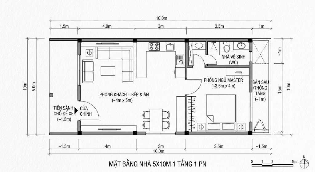 Bản vẽ 2D mặt bằng nhà 5x10m 1 tầng 1 phòng ngủ dành cho người độc thân hoặc cặp vợ chồng trẻ