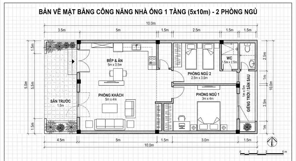 Bản vẽ 2D bố trí công năng nhà 5x10m với 2 phòng ngủ, phù hợp gia đình từ 3–4 thành viên