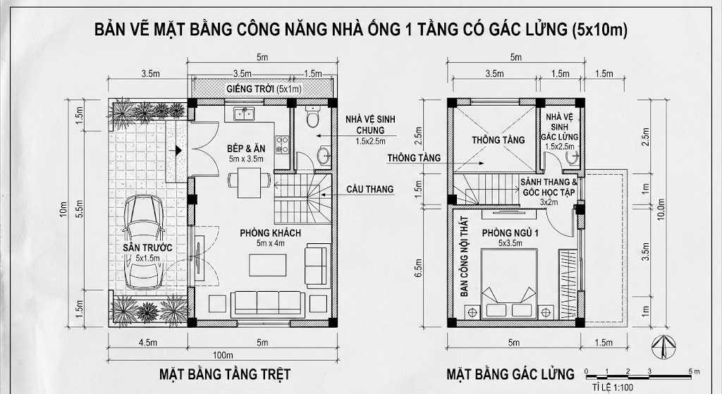 Bản vẽ 2D nhà 5x10m có gác lửng giúp mở rộng diện tích sử dụng mà vẫn tiết kiệm chi phí xây dựng