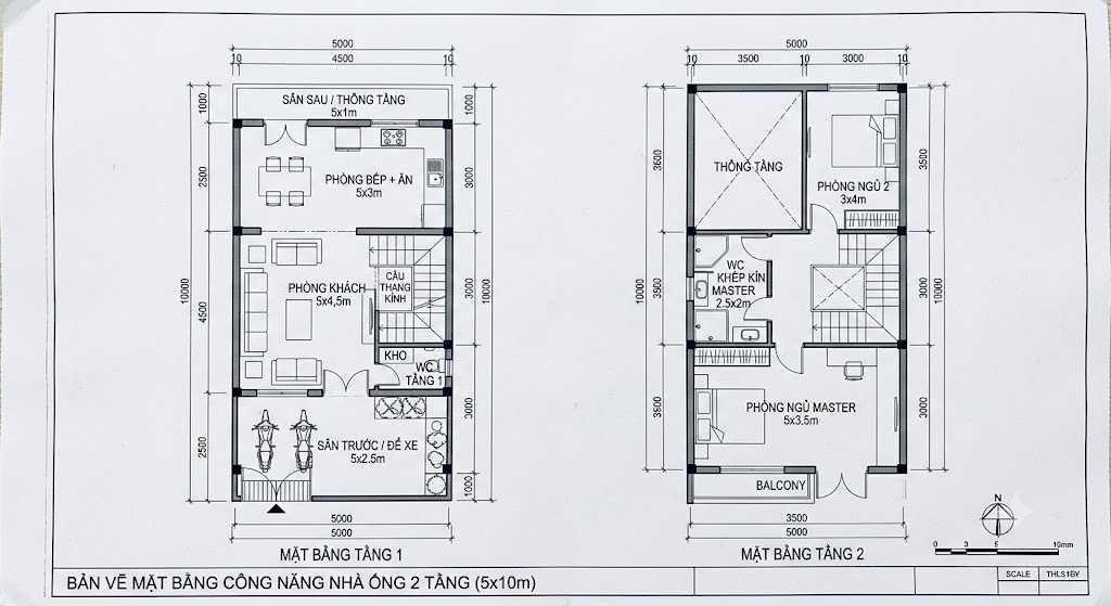 Bản vẽ 2D mặt bằng nhà 5x10m 2 tầng với không gian sinh hoạt và nghỉ ngơi được phân tách hợp lý