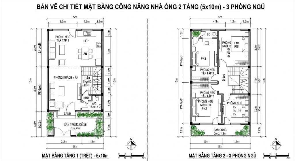 Bản vẽ 2D công năng nhà 5x10m 2 tầng 3 phòng ngủ đáp ứng nhu cầu của gia đình nhiều thế hệ