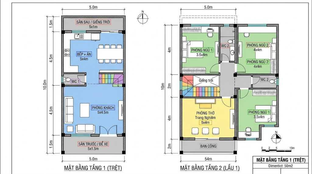 Bản vẽ 2D nhà 5x10m tích hợp phòng thờ riêng, đảm bảo sự tiện nghi và tính truyền thống