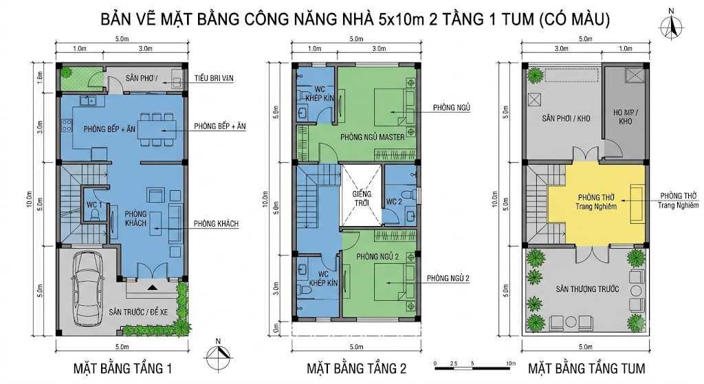 Bản vẽ 2D nhà 5x10m 2 tầng 1 tum tối ưu thêm không gian thờ cúng, giặt phơi hoặc sân thượng