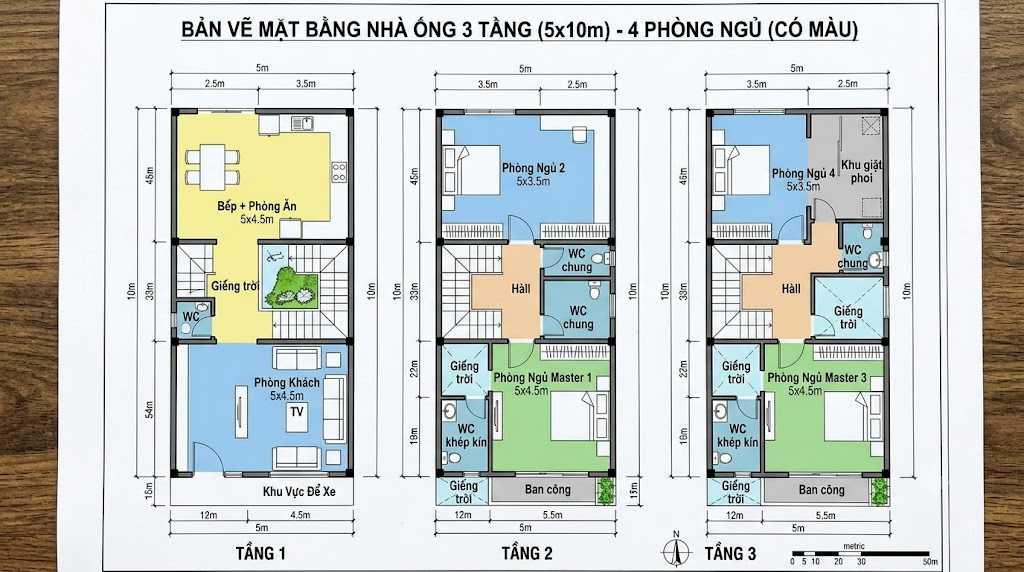 Bản vẽ 2D công năng nhà 5x10m 3 tầng 4 phòng ngủ, đáp ứng nhu cầu sinh hoạt và nghỉ ngơi riêng tư