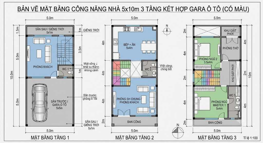 Bản vẽ 2D nhà 5x10m bố trí gara ô tô ngay tầng trệt, thuận tiện cho việc di chuyển hằng ngày