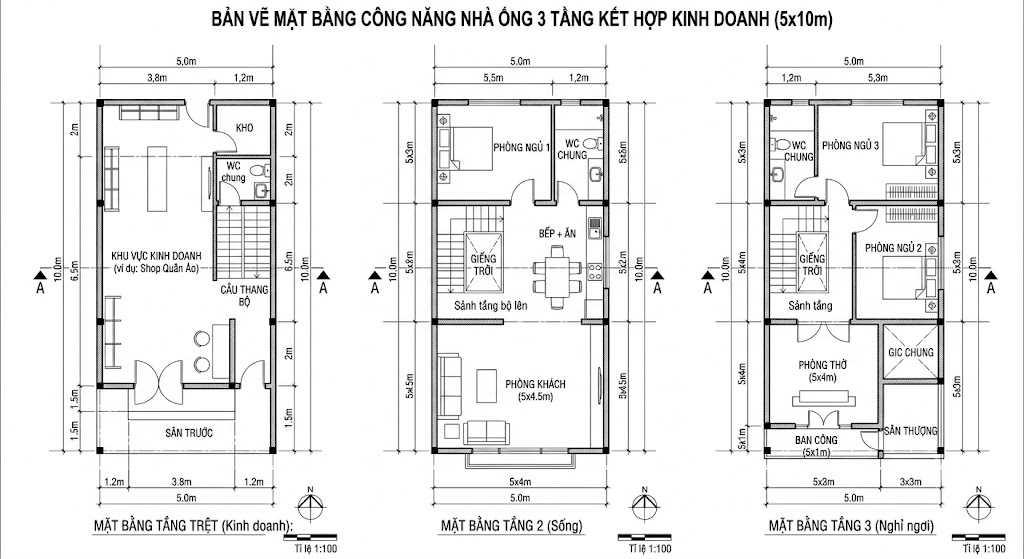 Bản vẽ 2D nhà 5x10m kết hợp không gian kinh doanh và sinh hoạt, tối ưu hiệu quả sử dụng mặt bằng