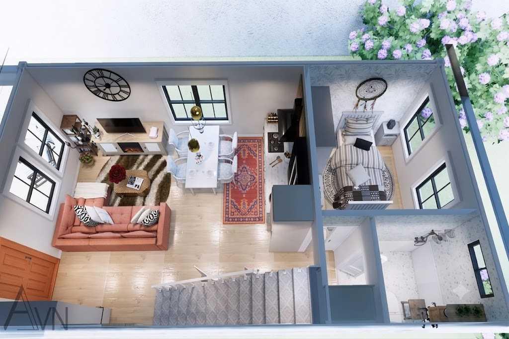Bố trí không gian mở và ép sát cầu thang giúp nhà 5x10m rộng rãi hơn thực tế (Nguồn: Internet)