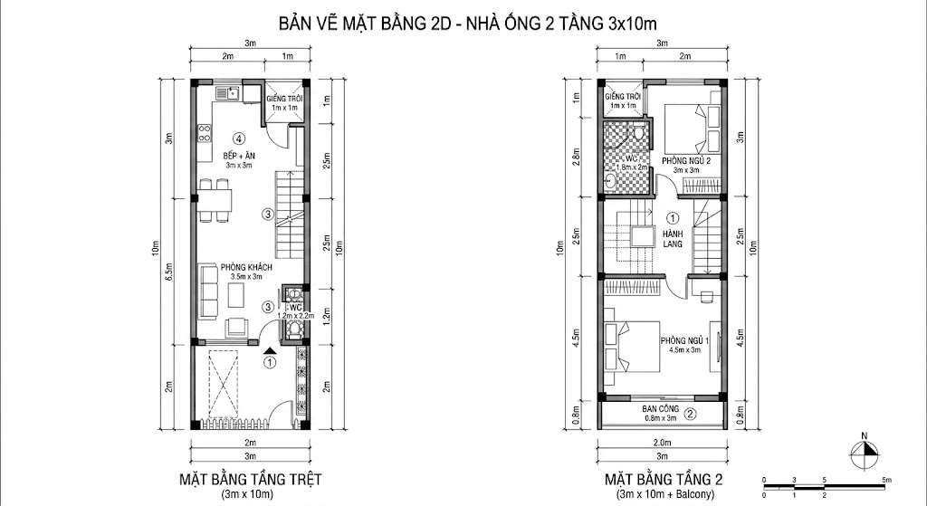 Bản vẽ mặt bằng 2D nhà 3x10m tối ưu diện tích bằng không gian mở