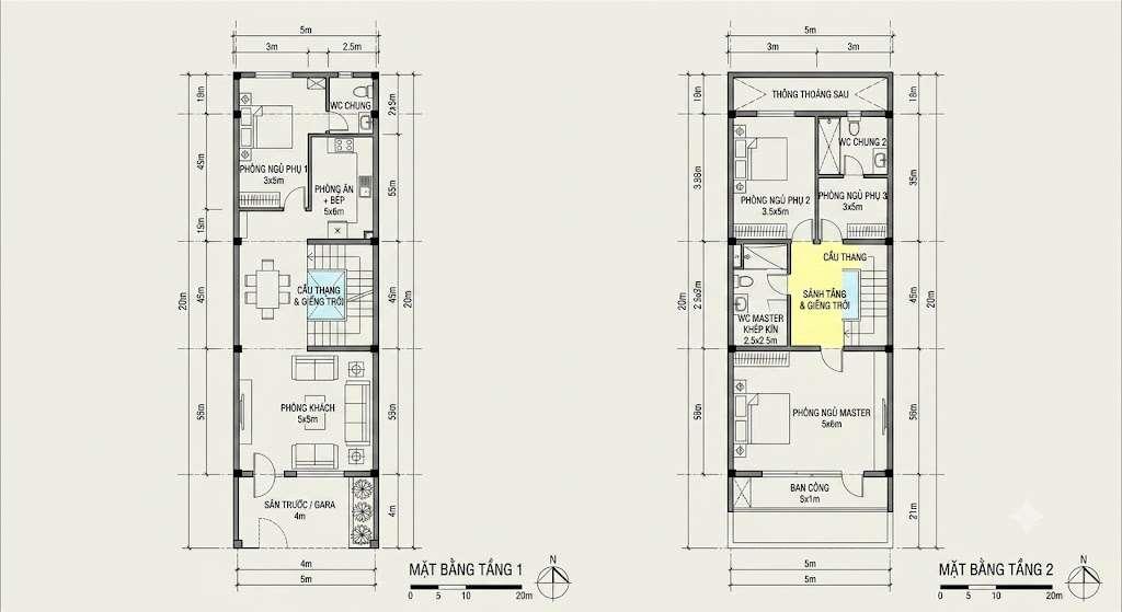 Bản vẽ 2D nhà 2 tầng 3 phòng ngủ chuẩn công năng